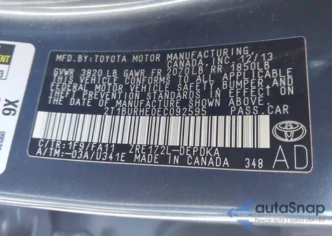 2014 Toyota Corolla L из США, поврежденный, VIN 2T1BURHE0EC092595